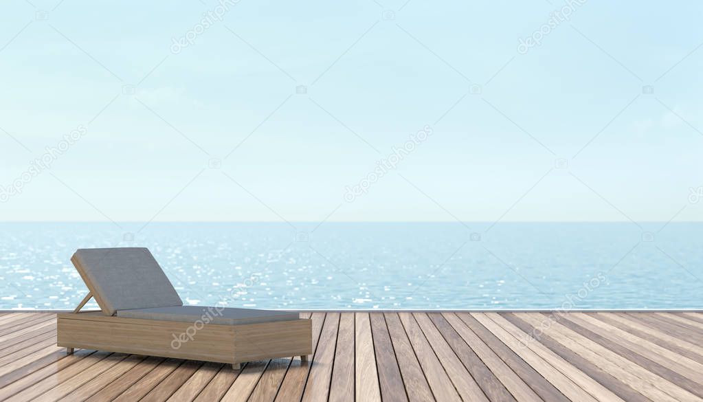 Summer vacation sun loungers on sunbathing, luxury accommodation, Chairs on wooden floors near the sea 3d rendering travel holiday design background