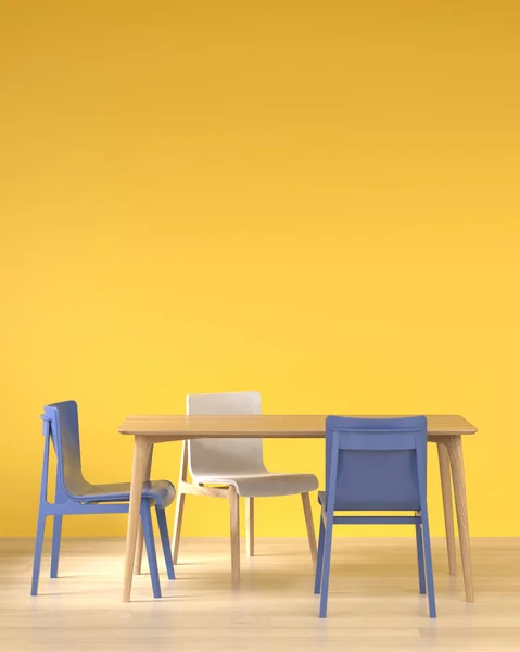 The table and chairs are in the yellow room empty wall 3d rendering modern home design modern dining room design.