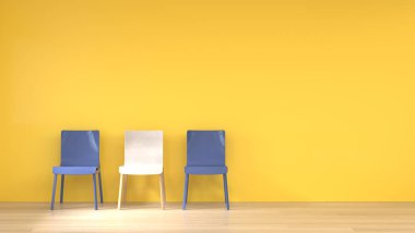 boş bir sarı duvar 3d modern ev tasarımı render önünde sandalyeler