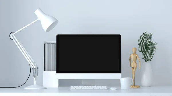Ноутбук Белой Настольной Лампой Столе Передней Белой Стене Объекты Макет — стоковое фото