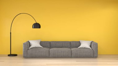 Basit oturma odası minimal İskandinav tarzı, sarı boş duvar 3d modern ev tasarımı render önünde kanepe, grafik tasarım için mouckup elemanı