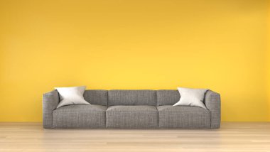 Basit oturma odası minimal İskandinav tarzı, sarı boş duvar 3d modern ev tasarımı render önünde kanepe, grafik tasarım için mouckup elemanı