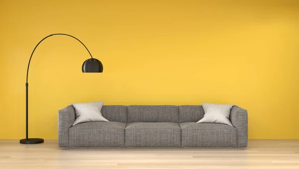Simple living room minimal scandinavian style,sofa in front of the yellow empty wall 3d rendering modern home design,mouckup element for graphic design