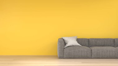 duvar mockup kanepe önünde sarı boş duvar 3d modern ev tasarımı render, grafik tasarım duvar mockup için mockup elemanı