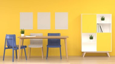 duvar mockup kanepe önünde sarı boş duvar 3d modern ev tasarımı render, grafik tasarım duvar mockup için mockup elemanı