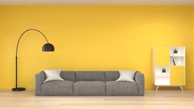 duvar mockup kanepe önünde sarı boş duvar 3d modern ev tasarımı render, grafik tasarım duvar mockup için mockup elemanı