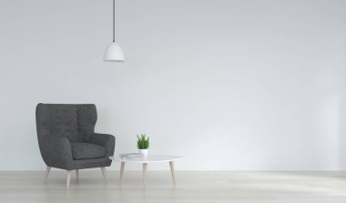 Basit oturma odası beyaz koltuk ev iç mimari İskandinav tasarımı, temiz modern ev tasarımı arka plan, 3D görüntüleme
