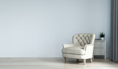 Basit oturma odası beyaz koltuk ev iç mimari İskandinav tasarımı, temiz modern ev tasarımı arka plan, 3D görüntüleme