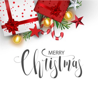 Böğürtlen, yıldız ve baston şekerlerle süslenmiş Noel ağacı dallarıyla modern tatil ve bayram afişleri için hediye kutusu.