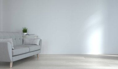 Duvar maketi ve kanepe sarı boş duvarın önünde 3D modern ev tasarımı, grafik tasarım duvarı modelleme ögesi