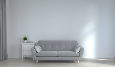 Duvar maketi ve kanepe sarı boş duvarın önünde 3D modern ev tasarımı, grafik tasarım duvarı modelleme ögesi