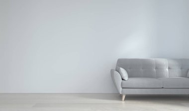 Duvar maketi ve kanepe sarı boş duvarın önünde 3D modern ev tasarımı, grafik tasarım duvarı modelleme ögesi