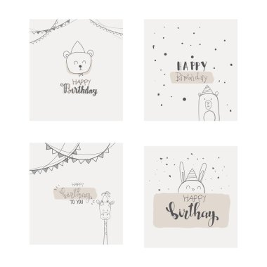 Doğumgünlerini kutlayan sevimli çizgi film hayvanları, dijital doğum günleri, e-kartlar.