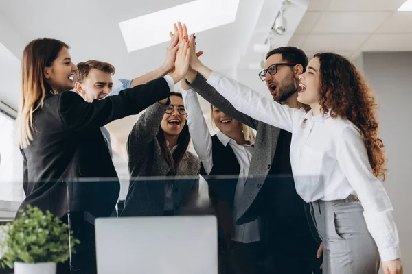 Glad framgångsrik multiracial business team ger en hög femmor gest när de skrattar och jubla deras framgång — Stockfoto