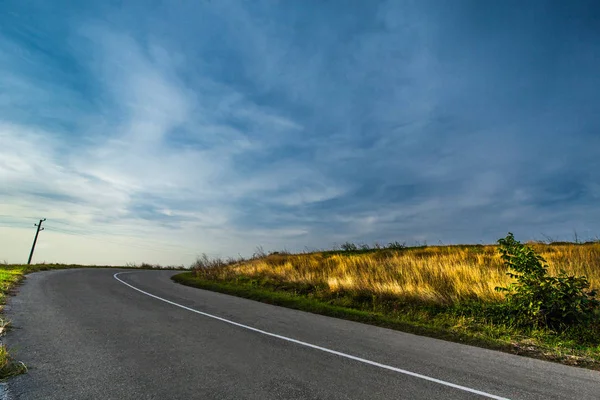 Blauwe Hemel Lege Asfaltweg Tijdens Zonsondergang Gebied Van Gouden Gras — Stockfoto