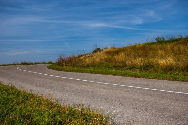 Gebied Van Gouden Gras Lege Asfalt Weg Blauwe Hemel — Stockfoto