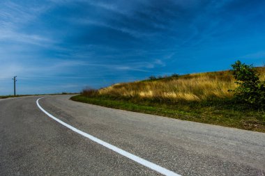 Boş asfalt yol ve gün batımı sırasında altın çimen çiçek alanı