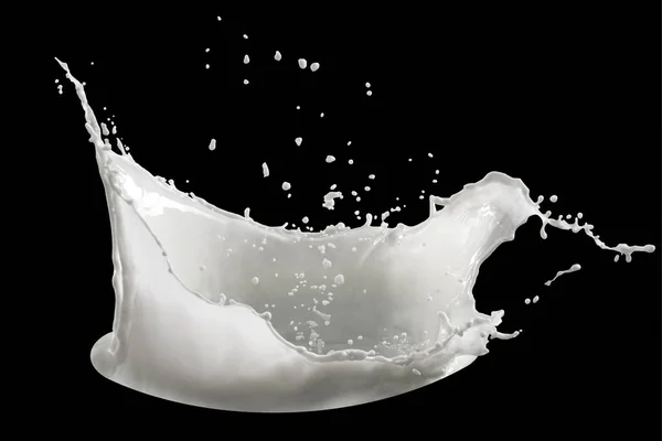 Despejando respingo de leite isolado no fundo preto — Fotografia de Stock
