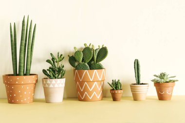 Tencere pastel zemin üzerine yeşil succulents el boyalı