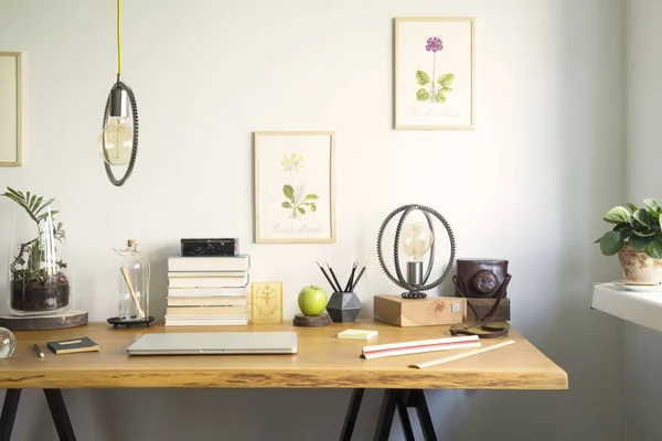 Vintage Creative Home Office Interiör Med Trä Skrivbord Böcker Laptop — Stockfoto