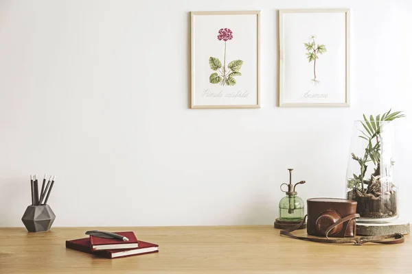 Vintage home office interior with wooden desk, retro camera and diy jar of forest. Copy space for inscription.