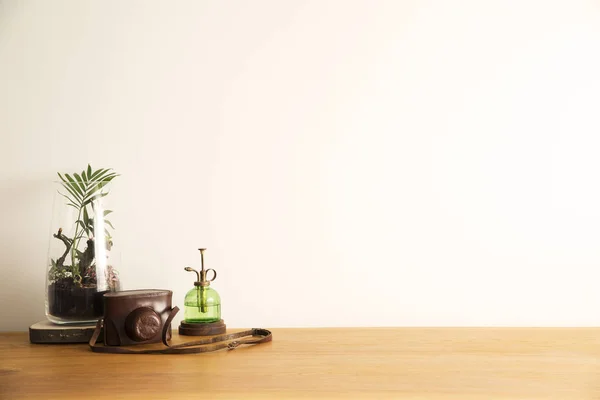 Vintage home office interior with wooden desk, retro camera and diy jar of forest. Copy space for inscription.