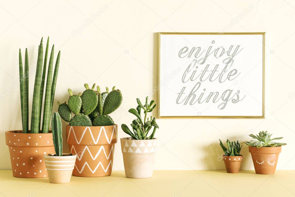Green succulents in hand painted pots with decor on pastel wall