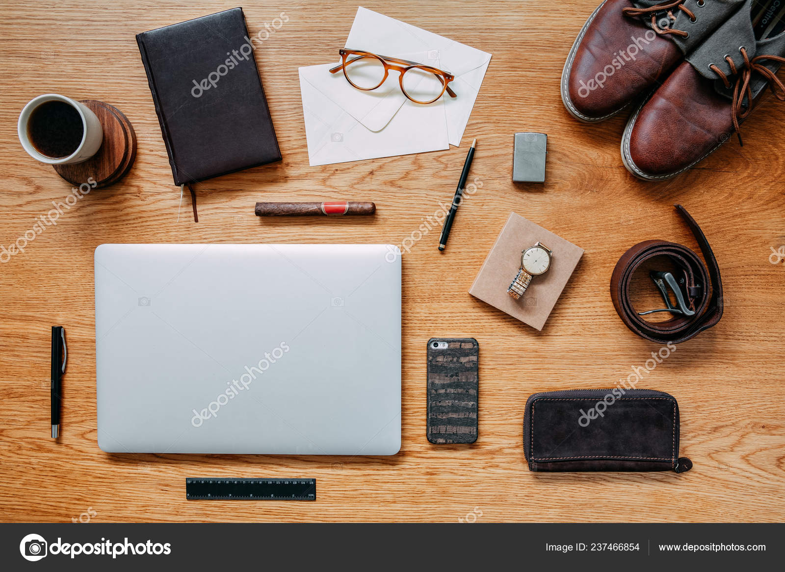Stylish Modern Composition Wooden Desk Laptop Phone Shoes Notebook