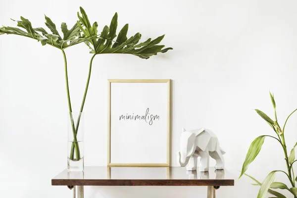 Stylish Interior Mock Poster Frame Leafs Elephant Sculpture Minimalizm Concept — Stock Photo, Image
