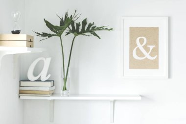 Beyaz raf ile şık scandi iç, çerçeve, kitap, kutu, kum saati ve yapraklar kadar mock. Beyaz duvarlı modern oda. 