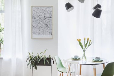 Tasarım haritası, kanepe ve aile masa ile yemek ve oturma odası ile şık ve modern açık alan. Bitkiler ve kahverengi ahşap parke ile parlak ve güneşli oda.