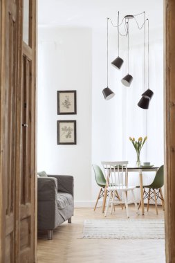 Mutfak ve oturma odası ile modern ve tasarım scanidnavian açık alan. Güneşli ve parlak alan whit beyaz tuğla duvarlar, bitki ve kanepe bir sürü.