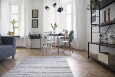 Mutfak ve oturma odası ile modern ve tasarım scanidnavian açık alan. Güneşli ve parlak alan whit beyaz tuğla duvarlar, bitki ve kanepe bir sürü.