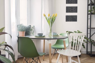 Tasarım haritası, kanepe ve aile masa ile yemek ve oturma odası ile şık ve modern açık alan. Bitkiler ve kahverengi ahşap parke ile parlak ve güneşli oda.