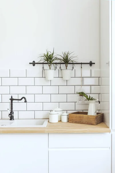 Modern and design scandinavian kitchen with plants, accessories and straw bag. Sunny and bright space with white brick wall.