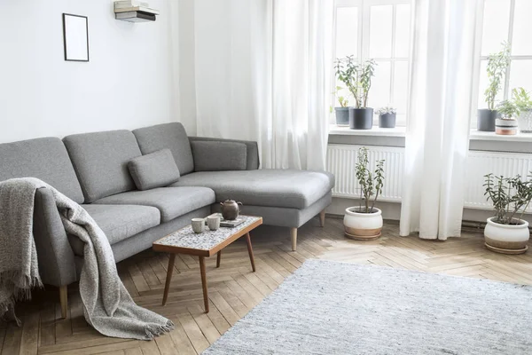 Minimalist tarzda gri kanepe ile şık açık oturma odası iç