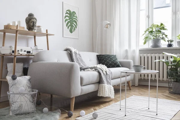 Stylish light living room interior with grey sofa in scandinavian style and painted monstera leaf in frame on wall