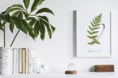 Yeşil bitkiler ve İskandinav dekor ev iç beyaz minimalist kavramı