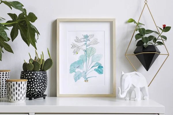 Watercolor plant drawing in white frame in stylish minimalist interior