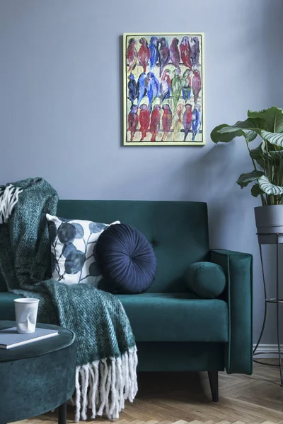 舒适的绿色天鹅绒沙发 枕头和五颜六色的图片与明亮的鹦鹉在灰色的墙壁上 — 图库照片