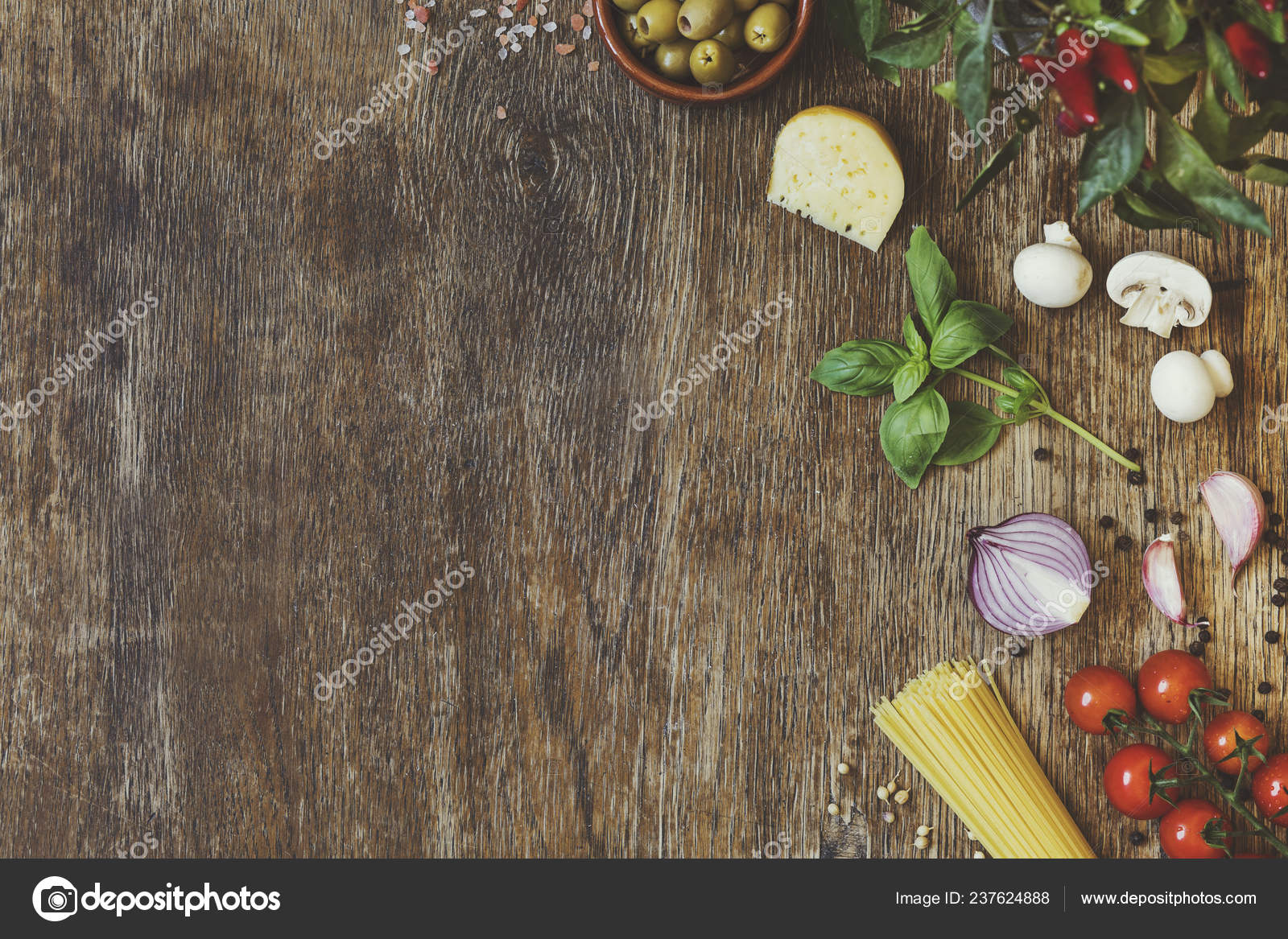 Collection Ingredients Traditional Italian Pasta Wooden Background