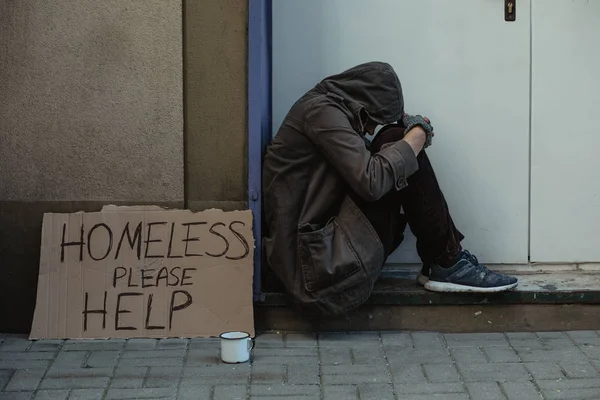 Homeless Man Sitting Street Shadow Building Begging Help Money Problems — Stock Photo, Image