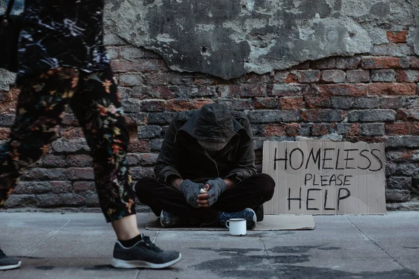 Homeless Man Sitting Pavement Asking Handouts — Stock Photo, Image