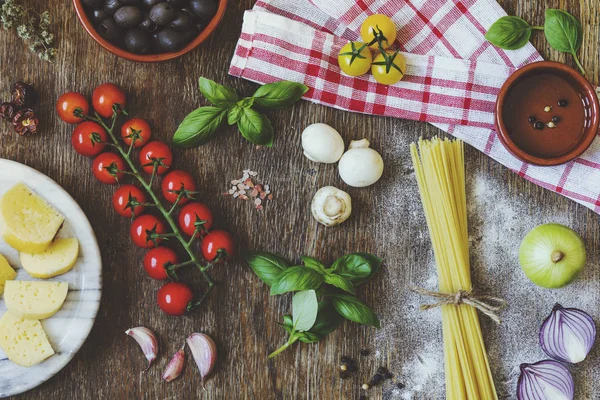 Collection Ingredients Traditional Italian Pasta Wooden Background — Stock Photo, Image
