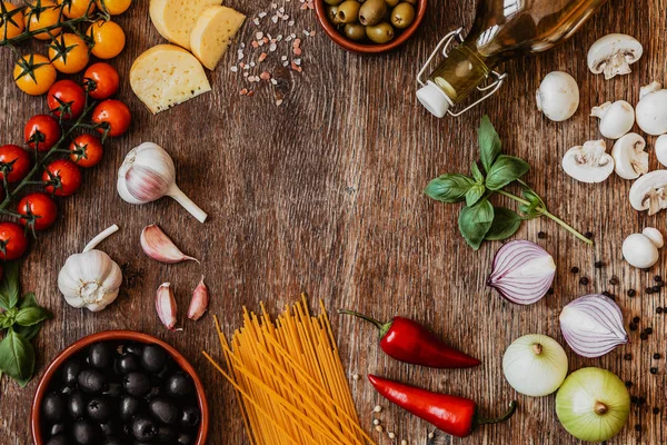 Collection Ingredients Traditional Italian Pasta Wooden Background — Stock Photo, Image
