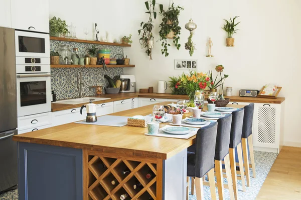 Luz Elegante Cocina Colores Azules Estilo Mediterráneo — Foto de Stock