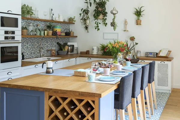 Світло Стильні Кухні Синій Кольори Середземноморському Стилі — стокове фото