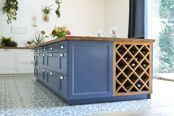 Cucina Leggera Elegante Nei Colori Blu Stile Mediterraneo — Foto Stock