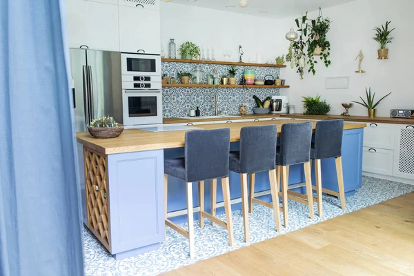 Light Stylish Kitchen Blue Colors Mediterranean Style — Stock Photo, Image