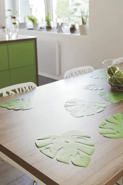 Modern Design Scandinavian Space Kitchen Island Table Accessories Sunny Bright — Stock Photo, Image